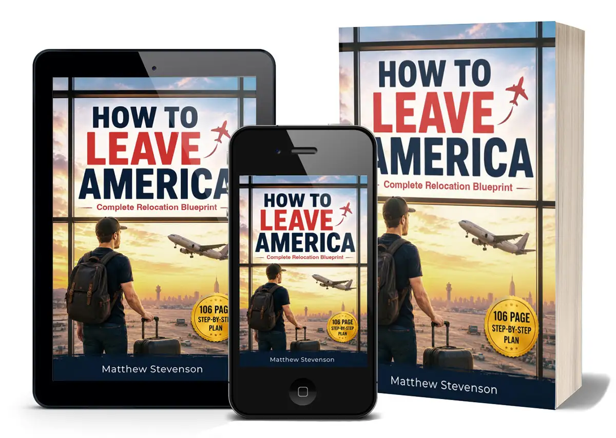 How To Leave America - the complete guide, shown on tablet, phone, and physical book